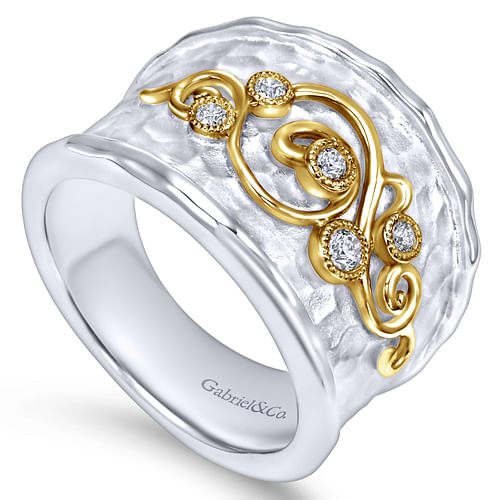 Sterling Silver-18K Yellow Gold Embossed Scrollwork Diamond Wide Band Ring