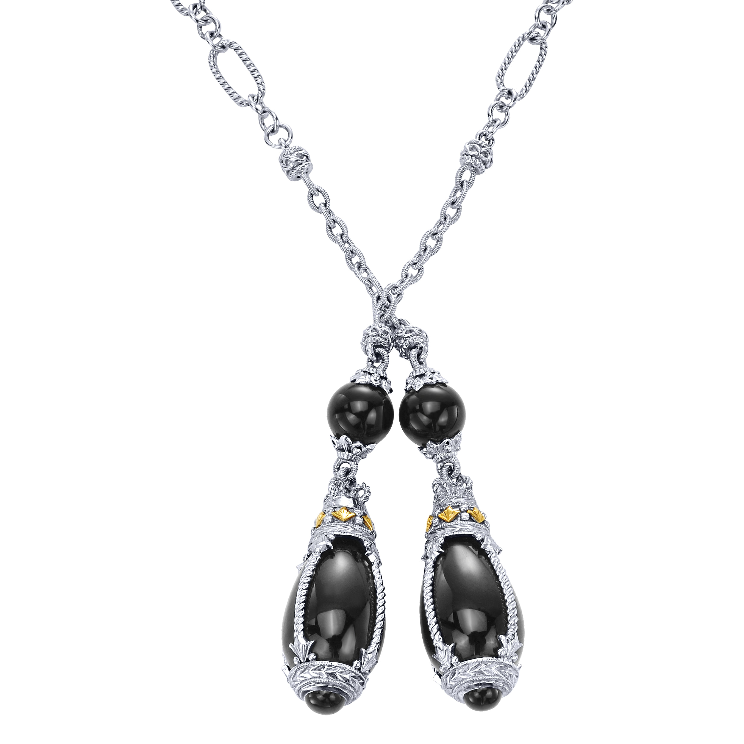 Sterling Silver-18K Yellow Gold Filigree and Onyx Double Drop Necklace