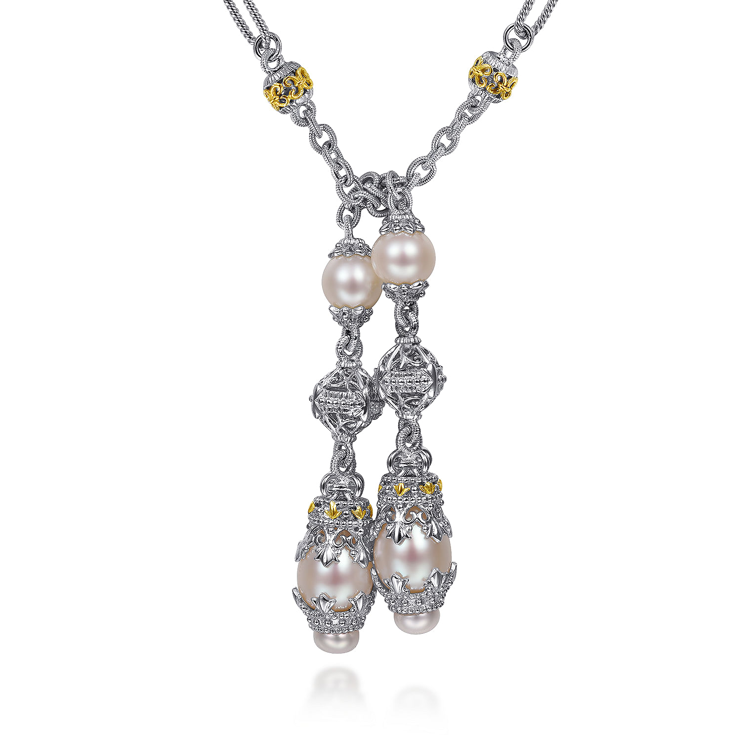 Sterling Silver-18K Yellow Gold Filigree and Pearl Double Drop Necklace