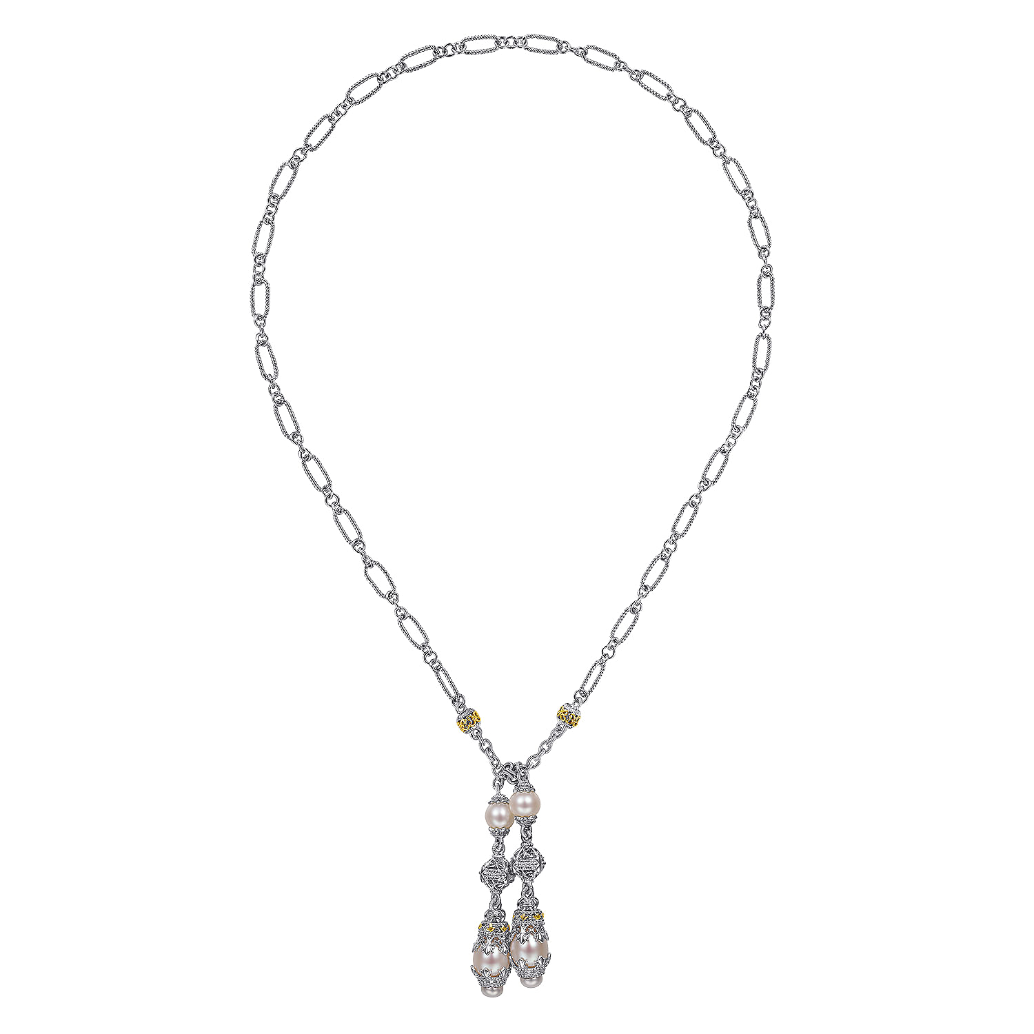 Sterling Silver-18K Yellow Gold Filigree and Pearl Double Drop Necklace