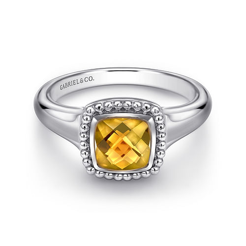 Sterling Silver Beaded Cushion Cut Citrine Ring