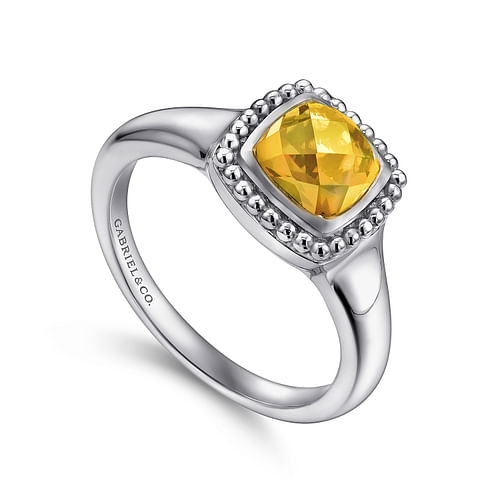 Sterling Silver Beaded Cushion Cut Citrine Ring