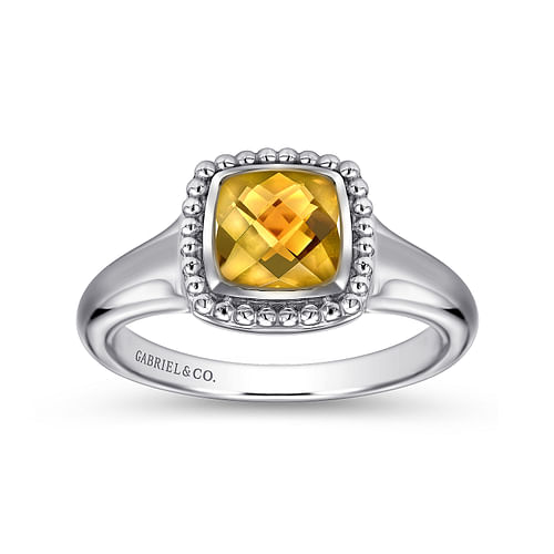 Sterling Silver Beaded Cushion Cut Citrine Ring