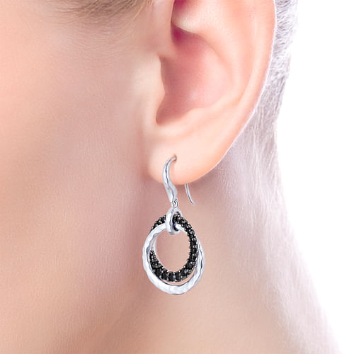 Sterling Silver Black Spinel Double Circle Drop Earrings