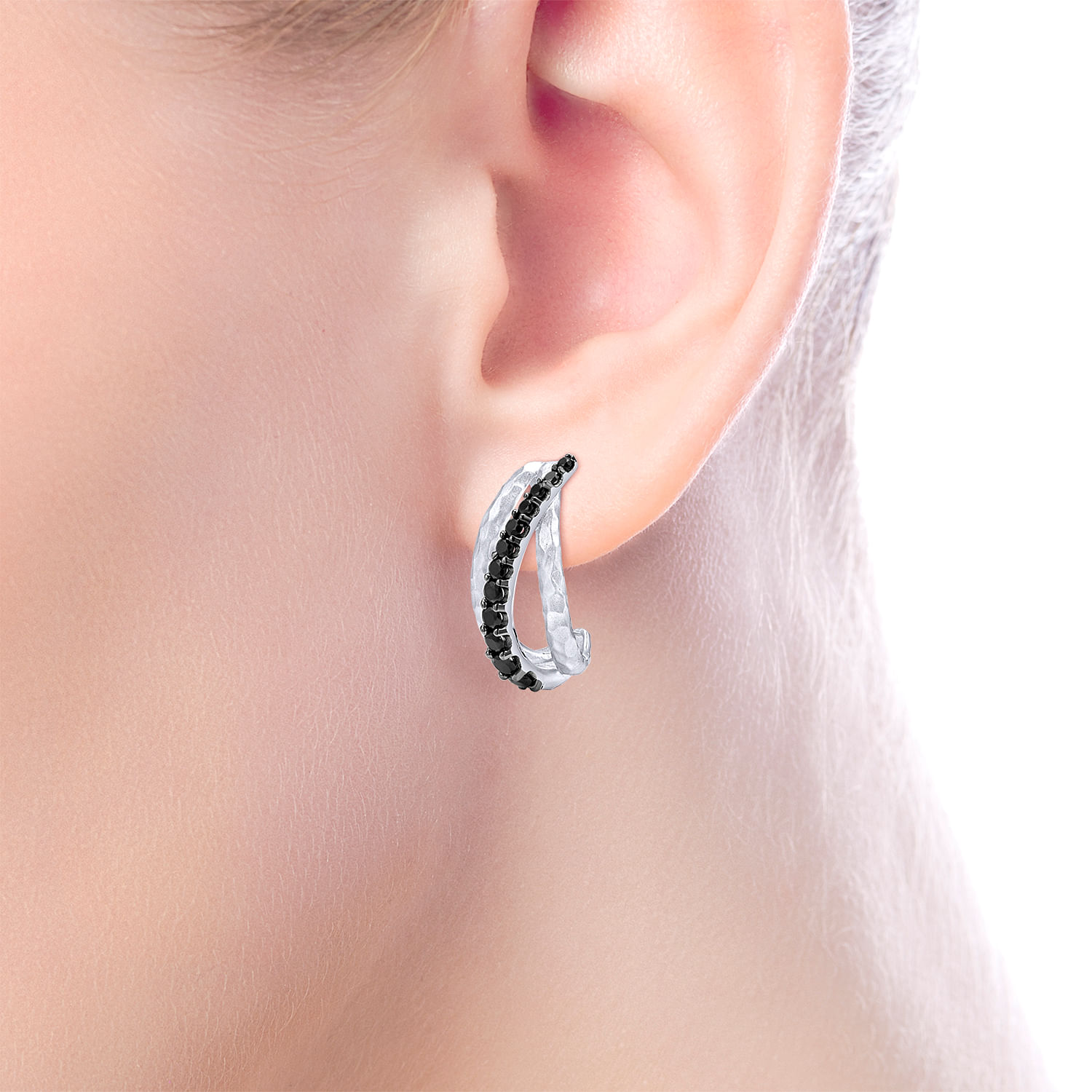 Sterling Silver Black Spinel J Hoop Earrings
