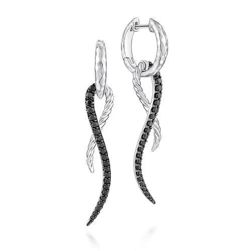 Sterling Silver Black Spinel Twisted Criss Cross Huggie Drop Earrings