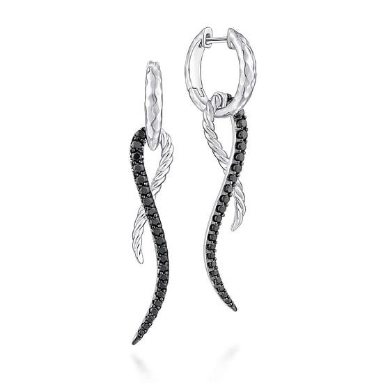 Gabriel - Sterling Silver Black Spinel Twisted Criss Cross Huggie Drop Earrings