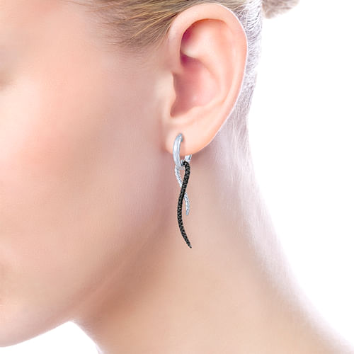 Sterling Silver Black Spinel Twisted Criss Cross Huggie Drop Earrings