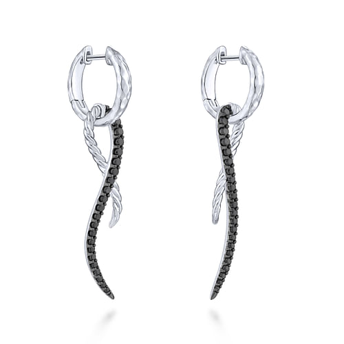 Sterling Silver Black Spinel Twisted Criss Cross Huggie Drop Earrings