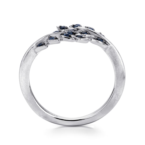 Sterling Silver Bypass Leaf Wrap Ring with Sapphire Stones With Brush Finish