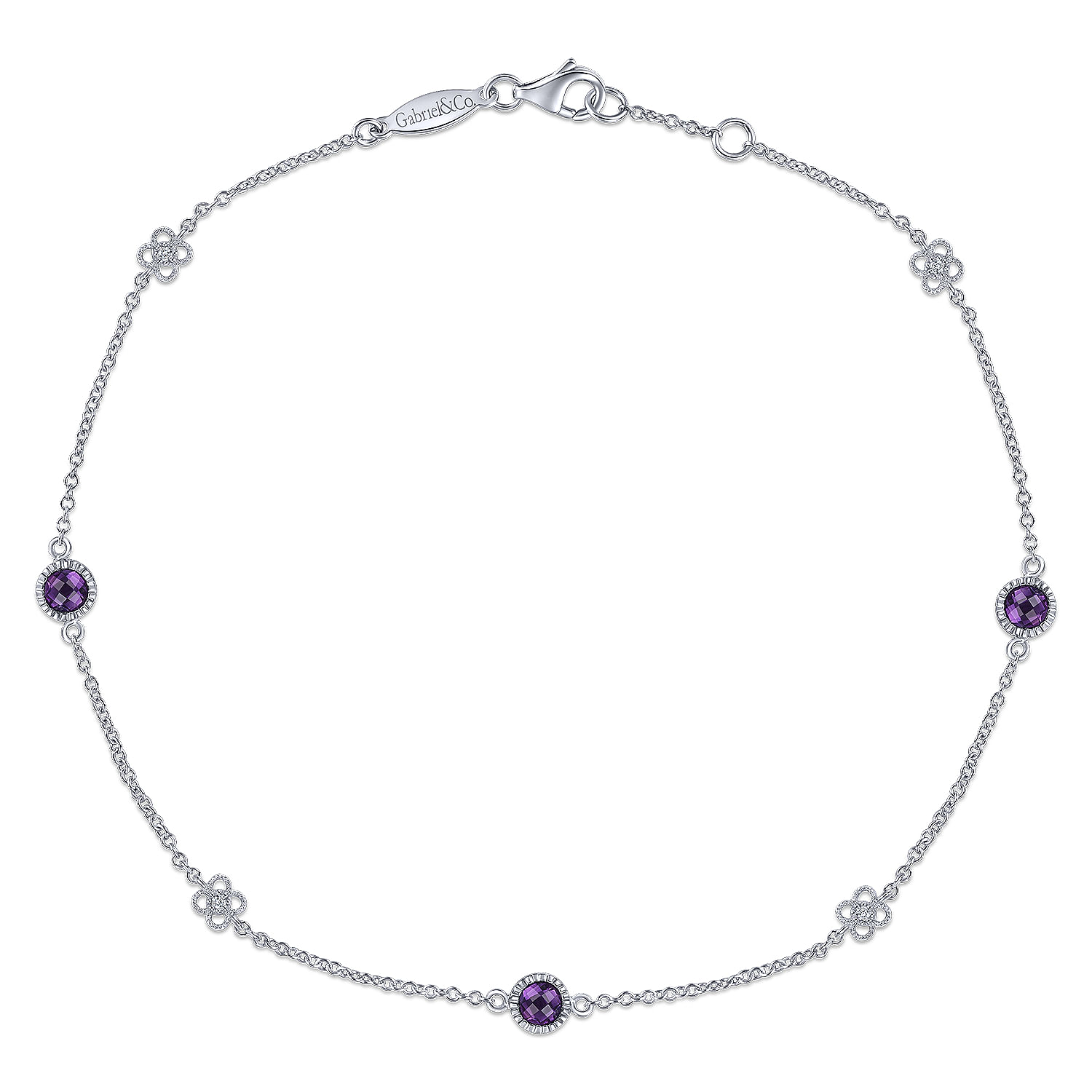 Gabriel - Sterling Silver Chain Ankle Bracelet with Amethyst and White Sapphire