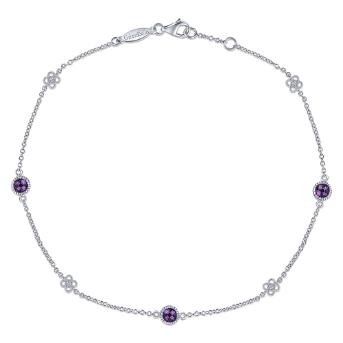 Sterling Silver Chain Ankle Bracelet with Amethyst and White Sapphire