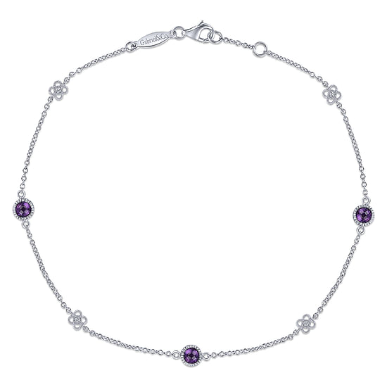 Gabriel - Sterling Silver Chain Ankle Bracelet with Amethyst and White Sapphire