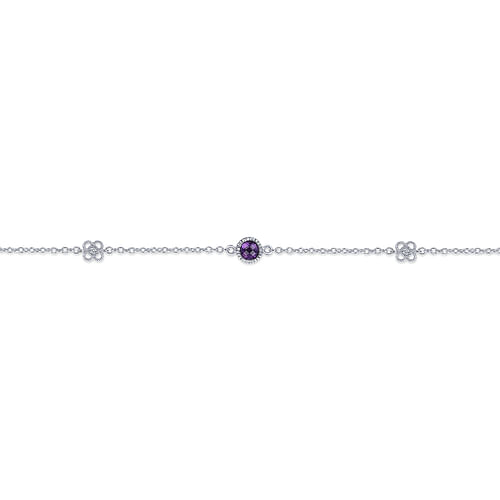 Sterling Silver Chain Ankle Bracelet with Amethyst and White Sapphire