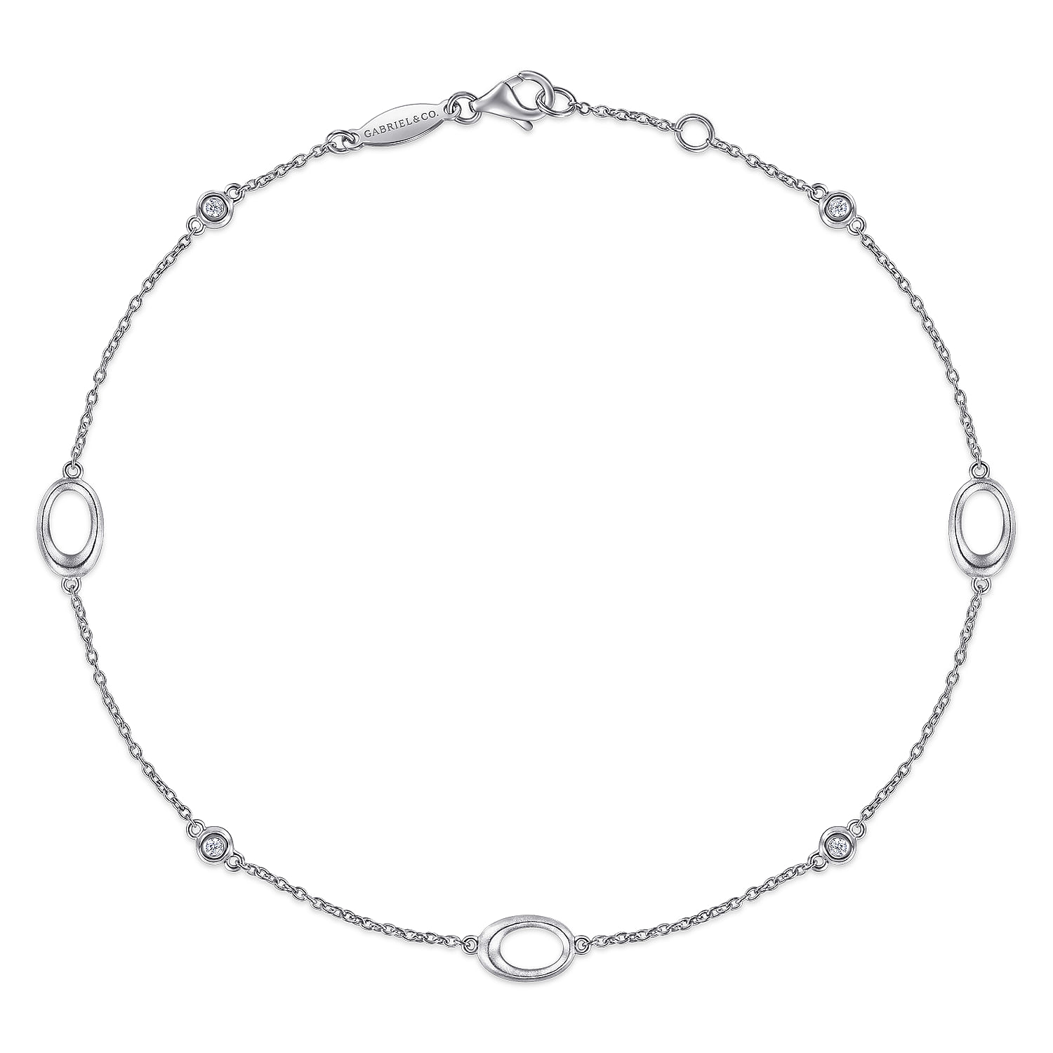 Gabriel - Sterling Silver Chain Ankle Bracelet with Oval Links and White Sapphire Stations