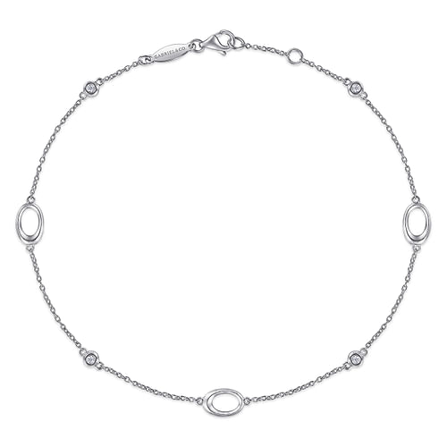 Sterling Silver Chain Ankle Bracelet with Oval Links and White Sapphire Stations