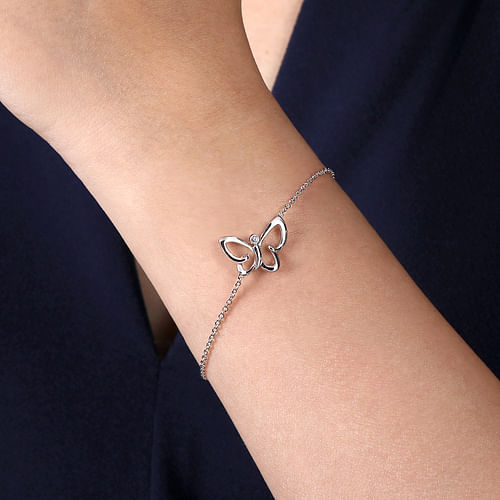 Sterling Silver Chain Bracelet with White Sapphire Butterfly Charm