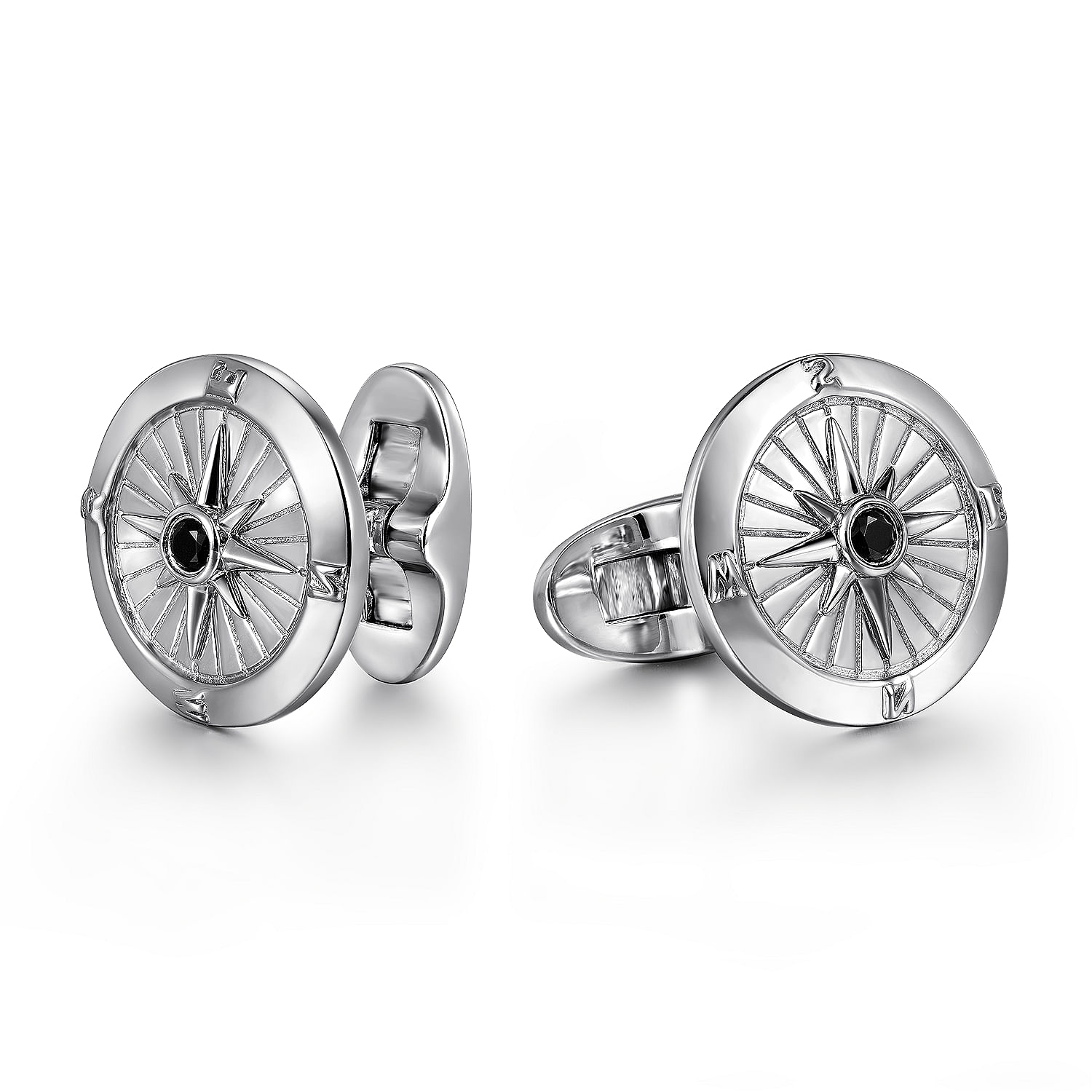 Sterling Silver Compass Cufflinks with Black Spinel Stone