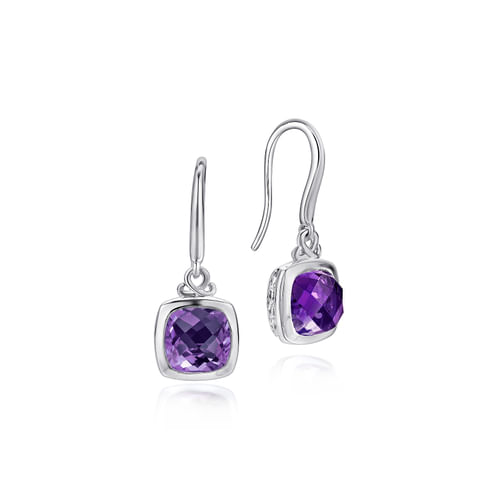 Sterling Silver Cushion Bezel Amethyst Drop Earrings