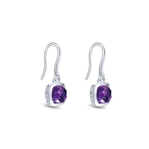 Sterling Silver Cushion Bezel Amethyst Drop Earrings