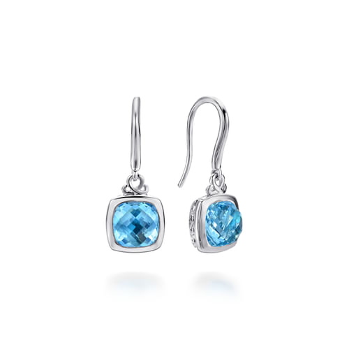 Sterling Silver Cushion Bezel Blue Topaz Drop Earrings