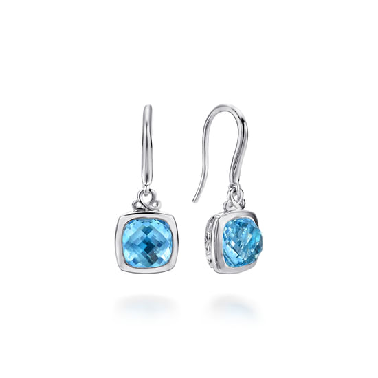 Gabriel - Sterling Silver Cushion Bezel Blue Topaz Drop Earrings
