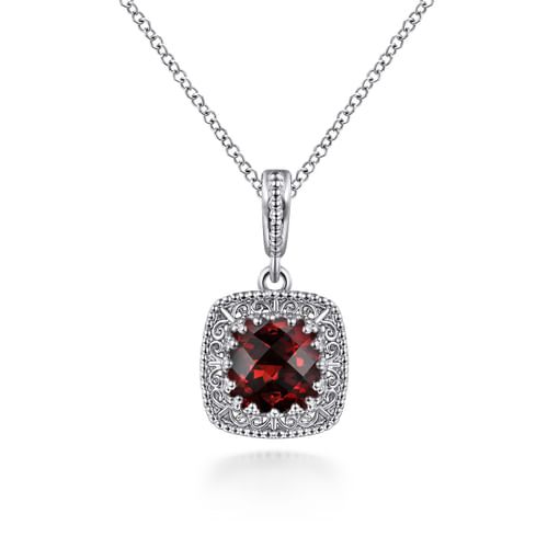 Sterling Silver Cushion Cut Garnet Pendant Necklace with Filigree Frame