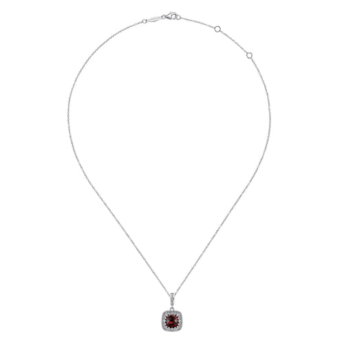 Sterling Silver Cushion Cut Garnet Pendant Necklace with Filigree Frame