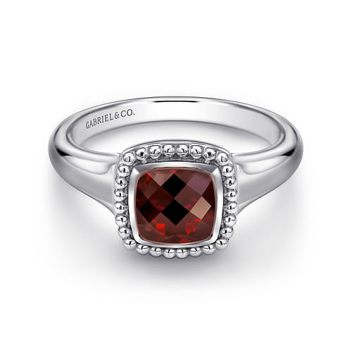 Sterling Silver Cushion Cut Garnet Ring