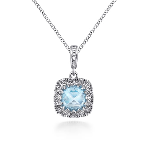 Sterling Silver Cushion Cut Sky Blue Topaz Pendant Necklace with Filigree Frame