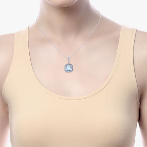 Sterling Silver Cushion Cut Sky Blue Topaz Pendant Necklace with Filigree Frame