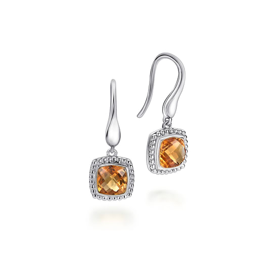 Gabriel - Sterling Silver Earrings with Cushion Cut Citrine Drops