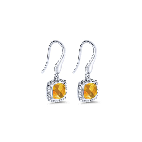 Sterling Silver Earrings with Cushion Cut Citrine Drops