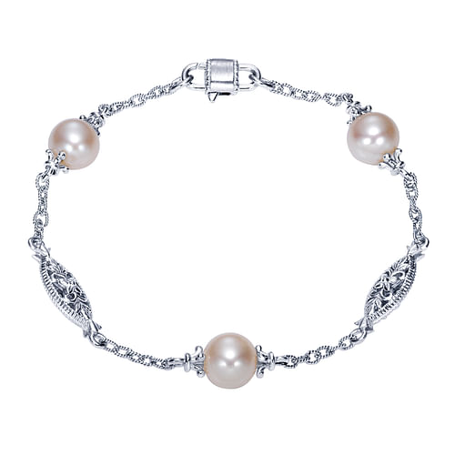 Sterling Silver Filigree and Pearl Station Bracelet