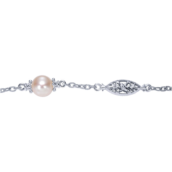 Sterling Silver Filigree and Pearl Station Bracelet angle 2
