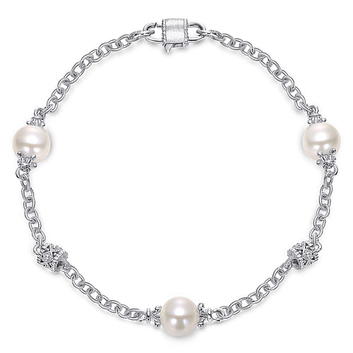 Sterling Silver Filigree and Pearl Station Bracelet