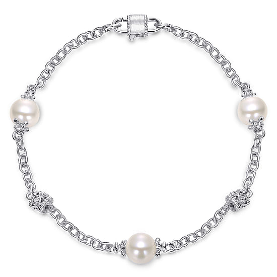 Gabriel - Sterling Silver Filigree and Pearl Station Bracelet