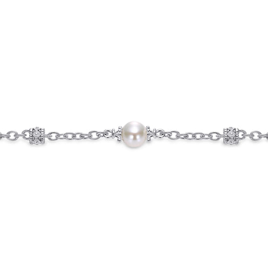 Sterling Silver Filigree and Pearl Station Bracelet angle 2