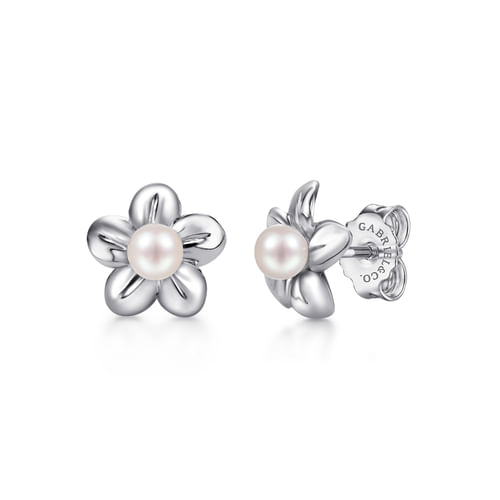 Sterling Silver Floral Dainty Cultured Pearl Stud Earrings