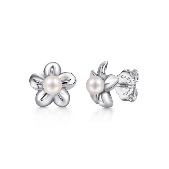 Gabriel - Sterling Silver Floral Dainty Cultured Pearl Stud Earrings