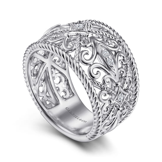 Sterling Silver Floral Openwork White Sapphire Ring angle 3