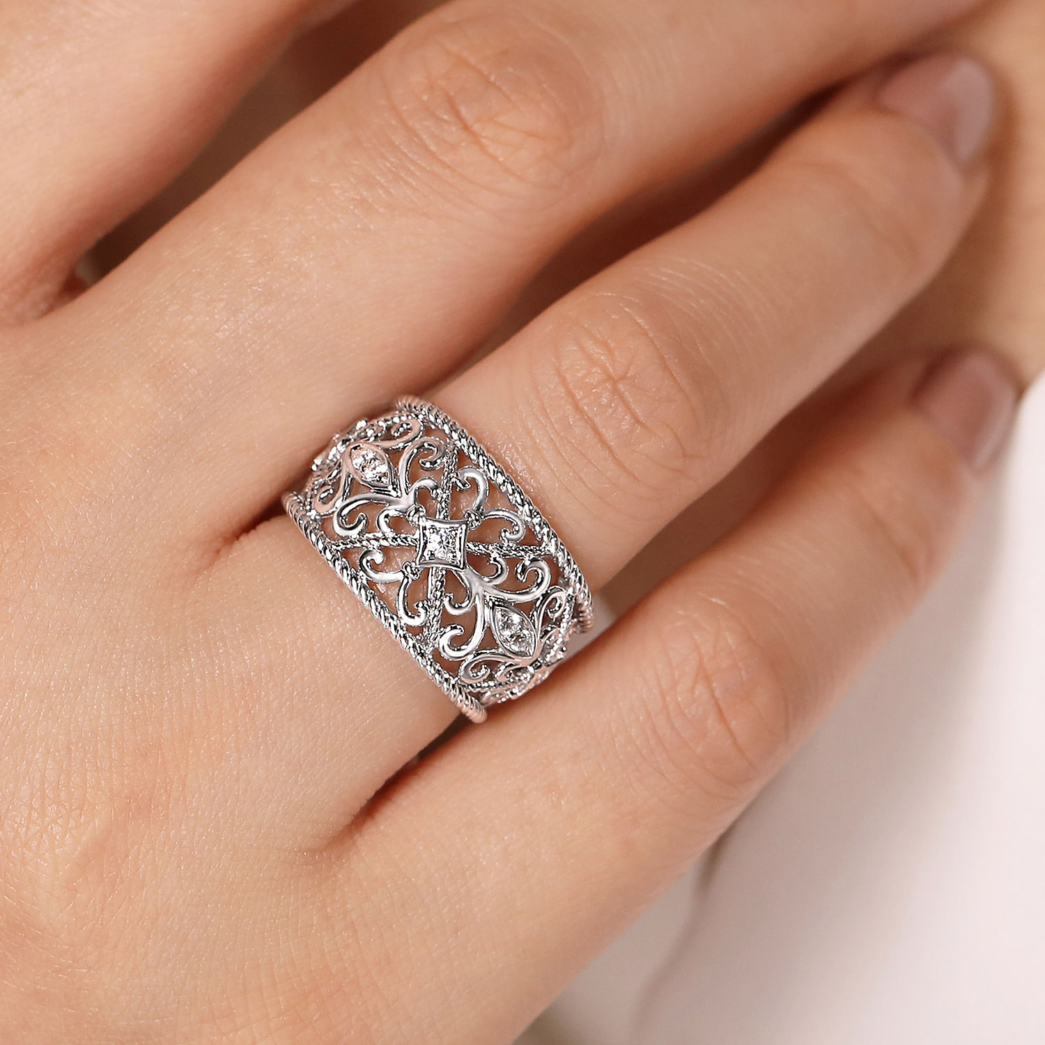 Sterling Silver Floral Openwork White Sapphire Ring