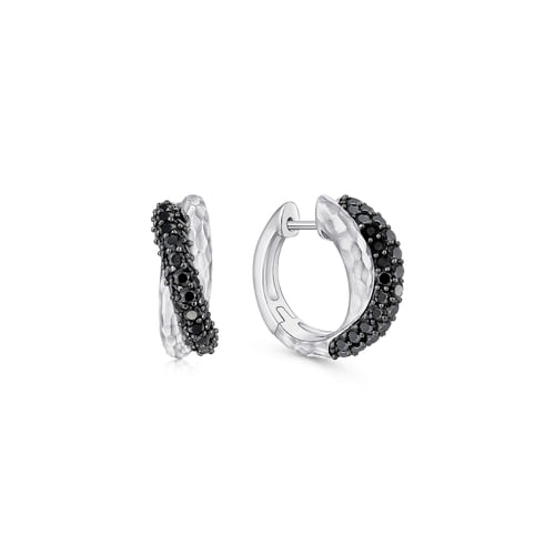 Sterling Silver Hammered 10mm Black Spinel Huggies