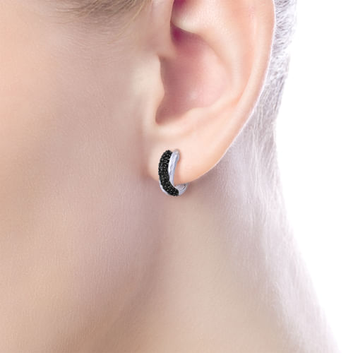 Sterling Silver Hammered 10mm Black Spinel Huggies