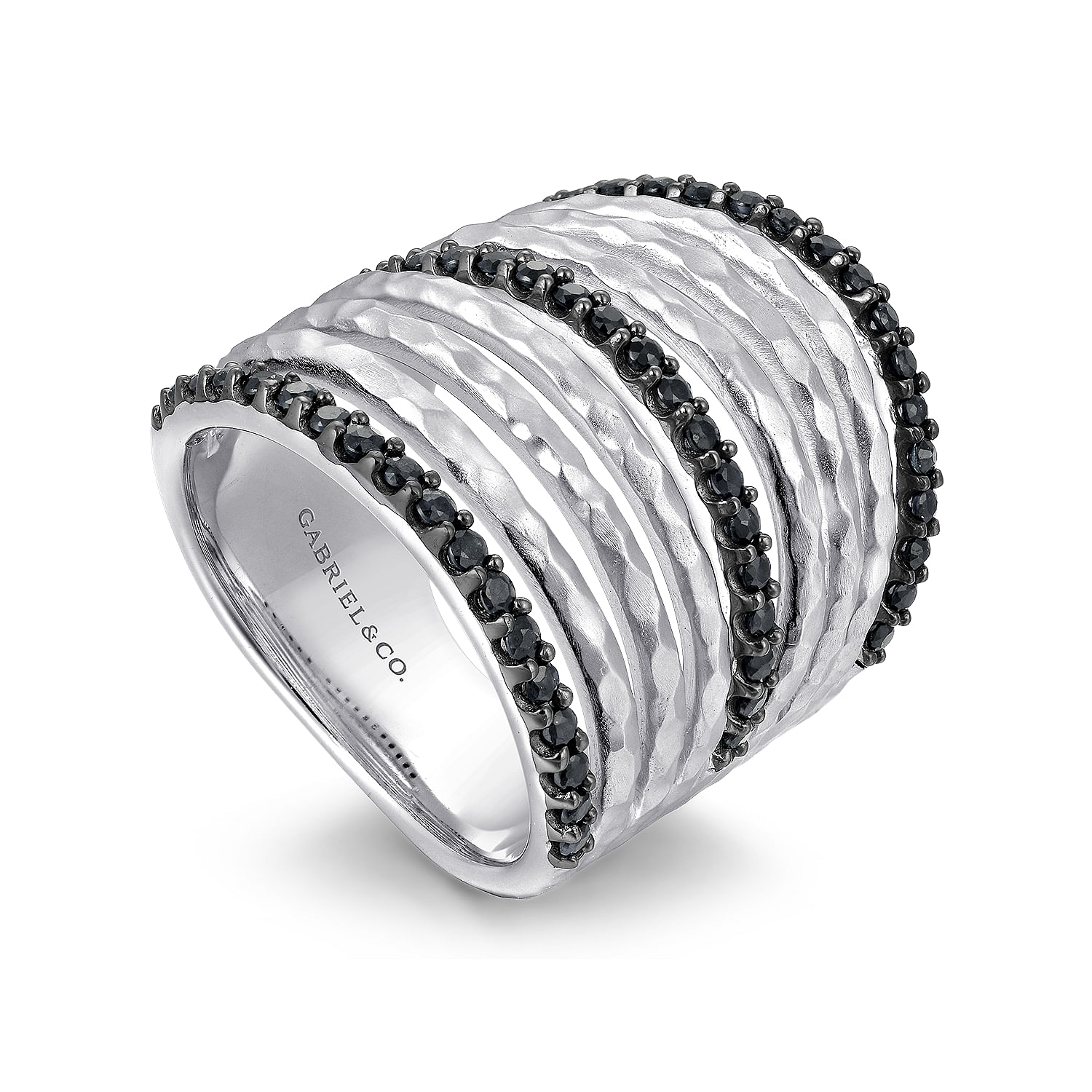 Sterling Silver Hammered Black Spinel Layered Wide Band Ring