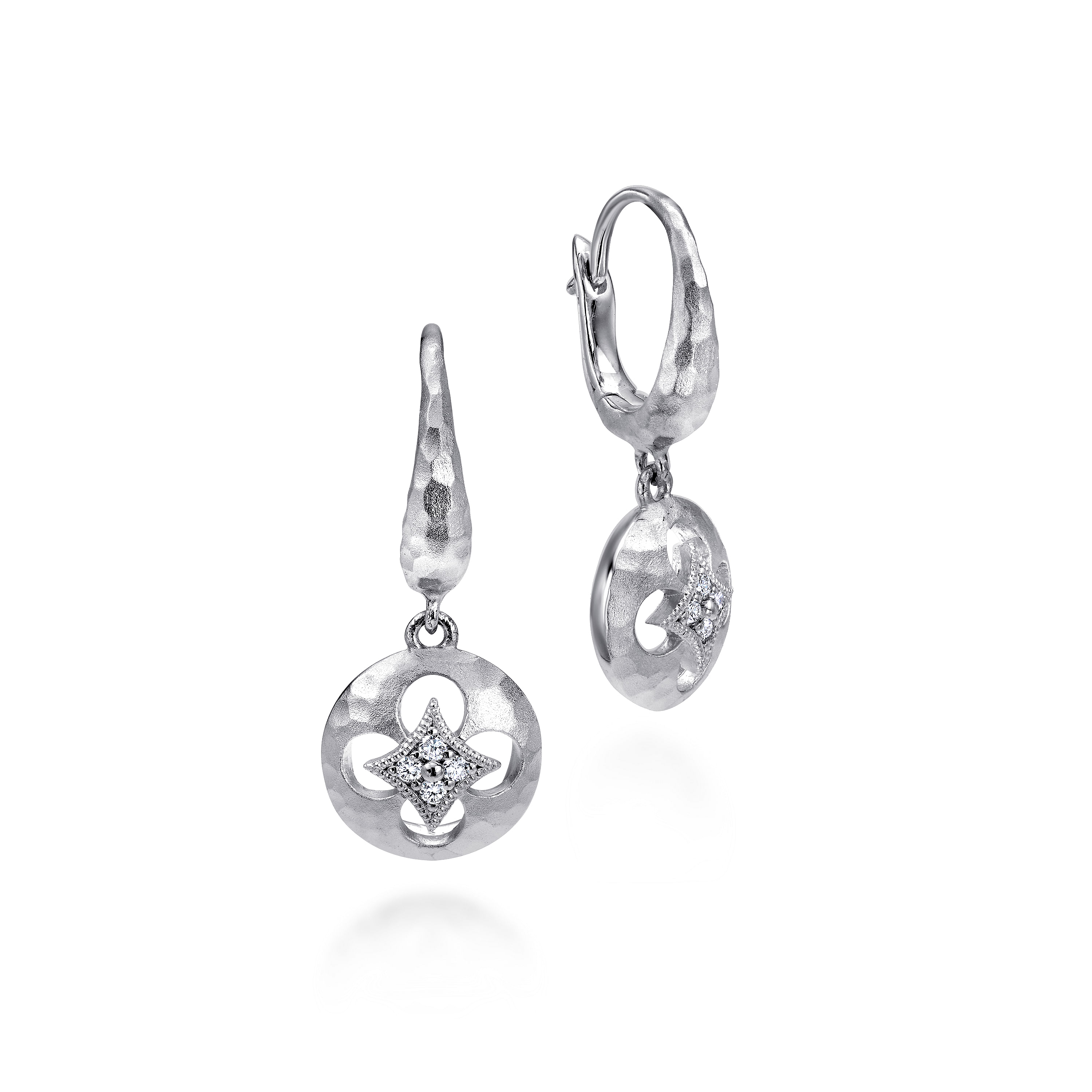 Sterling Silver Hammered Disc Earrings with Diamond Accent