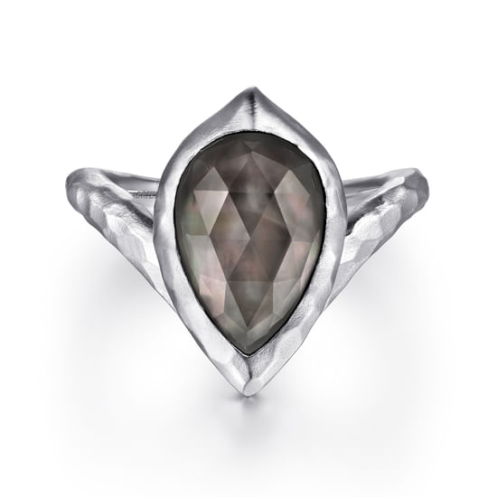 Gabriel - Sterling Silver Hammered Pear Shaped Black Pearl/Rock Crystal Chevron Ring