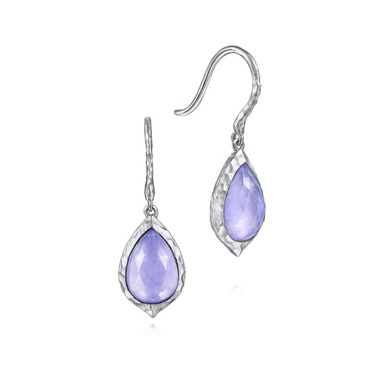 Gabriel - Sterling Silver Hammered Pear Shaped Rock Crystal/Purple Jade Drop Earrings