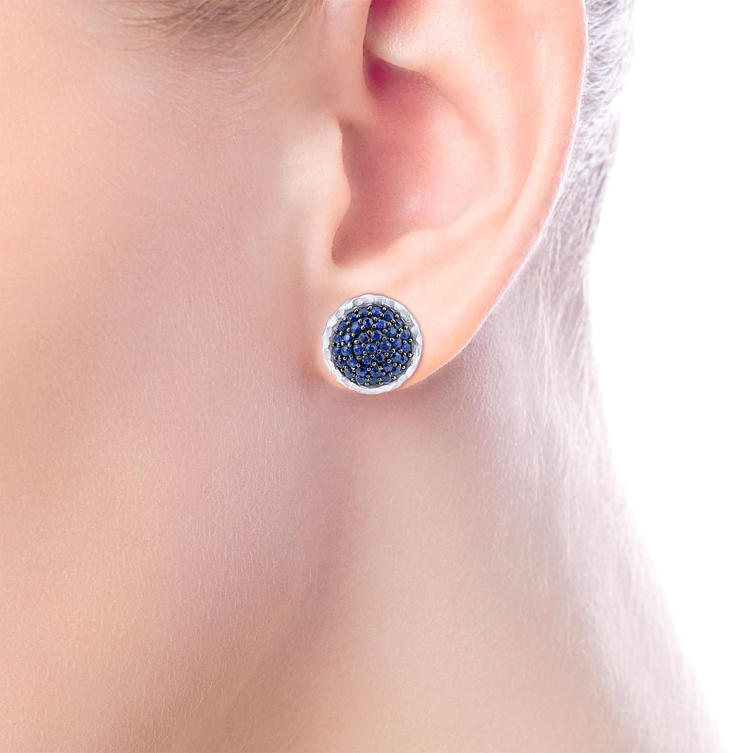 Sterling Silver Hammered Round Sapphire Pavé Stud Earrings