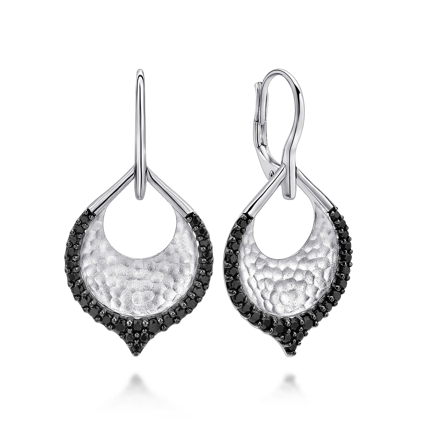 Sterling Silver Hammered Teardrop Leverback Earrings with Black Spinel